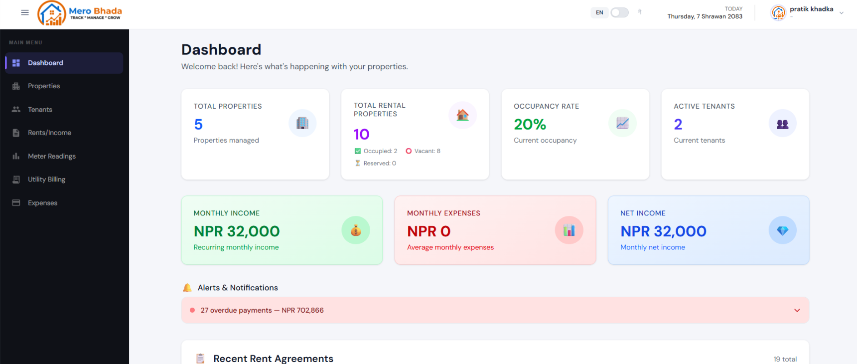 Mero Bhada Dashboard Preview